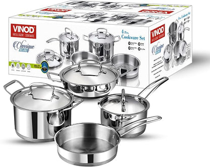 Vinod Classic Deluxe Stainless Steel Cookware Combo Set of 4 Pcs/Saucepan, Saucepot, Kadai and Frypan/Deep Kadhai for Cooking/Heavy Induction Bottom