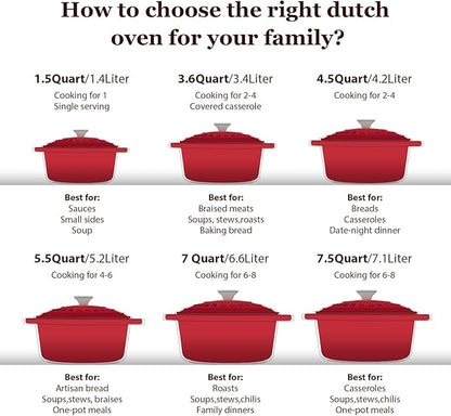 Overmont Enameled Cast Iron Dutch Oven - 7QT Pot with Lid Cookbook & Cotton Potholders - Heavy-Duty Cookware for Braising, Stews, Roasting, Sourdough Baking red