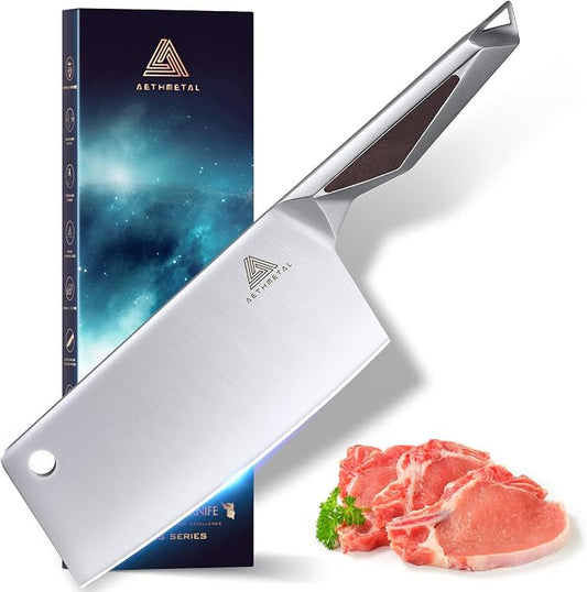 7" Meat Cleaver Knife, Full Tang High-Carbon Stainless Steel Kitchen Cleaver for Chopping Meat, Pork, and Bones, Ergonomic Metal Handle, Professional Chef Butcher Knife