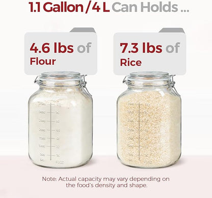 1.1 Gallon Wide Mouth Glass Canisters with Airtight Lids & Measurement Marks (2-Pack) – Includes 2 Measuring Scoops & Labels, Food Storage Jars for Flour, Sugar & Baking Supplies | BPA-Free