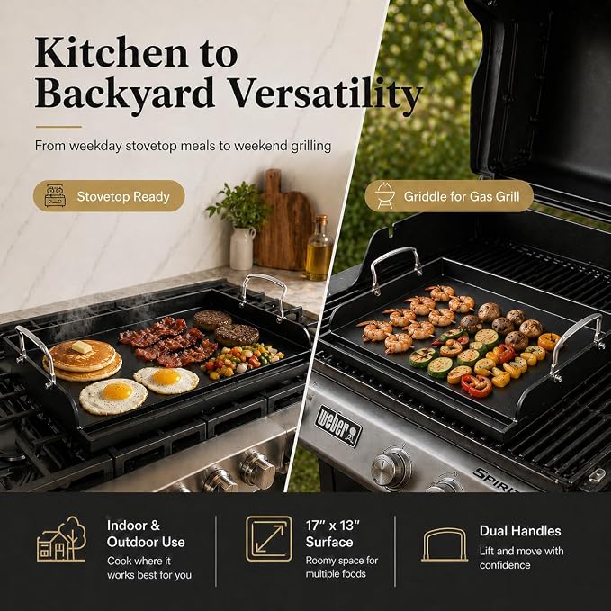 Griddle for Gas Grill, Cast Iron Griddle for Gas Grill & Stove Top, 17"x13" Flat Top Griddle Nonstick Grill Griddle Plate for Charcoal Outdoor Camping Cooking for Blackstone Style Flat Top Grill