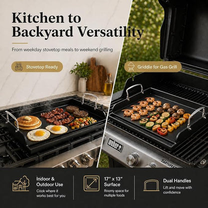 Griddle for Gas Grill, Cast Iron Griddle for Gas Grill & Stove Top, 17"x13" Flat Top Griddle Nonstick Grill Griddle Plate for Charcoal Outdoor Camping Cooking for Blackstone Style Flat Top Grill