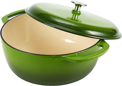 Amazon Basics Enameled Cast Iron Dutch Oven Pot with Lid, Round, Dual Handles, Heavy-Duty, Oven Safe for Stews, Roasting, Baking, 6-Quart, Green