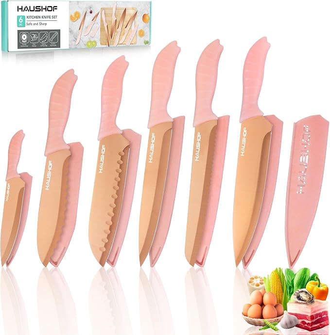 HAUSHOF Kitchen Knife Set, 12-Piece Pink Knife Set with 6 Blade Guards, Non-Stick Coated Stainless Steel Blades for Slicing, Dicing&Cutting, Gifts Knife Set for Dad, Mom, Husband and Wife
