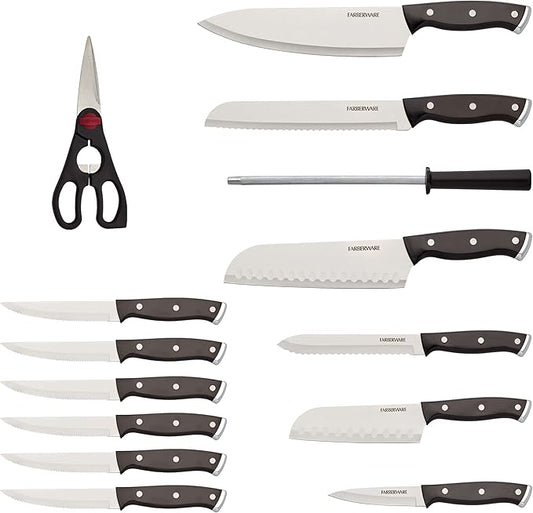 Farberware Triple Riveted Knife Block Set, 15-Piece, Black Pine, High Carbon-Stainless Steel Blades, Ergonomic Handles, Includes Natural Pinewood Block