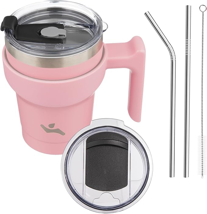 Konokyo 10 oz Tumbler with Handle and 2 Straw 2 Lid, Insulated Water Bottle Stainless Steel Vacuum Cup Reusable Travel Mug, Light Pink