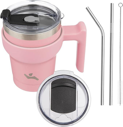 Konokyo 10 oz Tumbler with Handle and 2 Straw 2 Lid, Insulated Water Bottle Stainless Steel Vacuum Cup Reusable Travel Mug, Light Pink