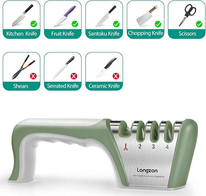 Longzon 5-in-1 Knife Sharpener 4 Stage with Cut-Resistant Glove, Quickly Sharpens & Restores Dull Blades, Easy & Safe for Home Kitchen Use, Fits Most Knives and Scissors, Gray+Green