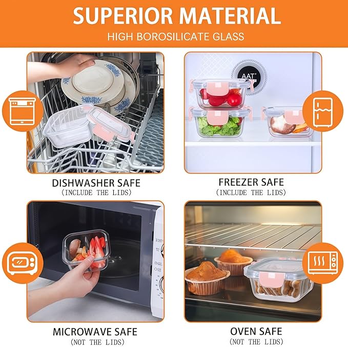5 Pack Bariatric Meal Prep Containers, 8 oz Bariatric Bowls for Portion Control, Reusable Glass Snack Food Containers with Lids & Folding Spoon & Fork & Knife, Bariatric Must Haves (Pink)