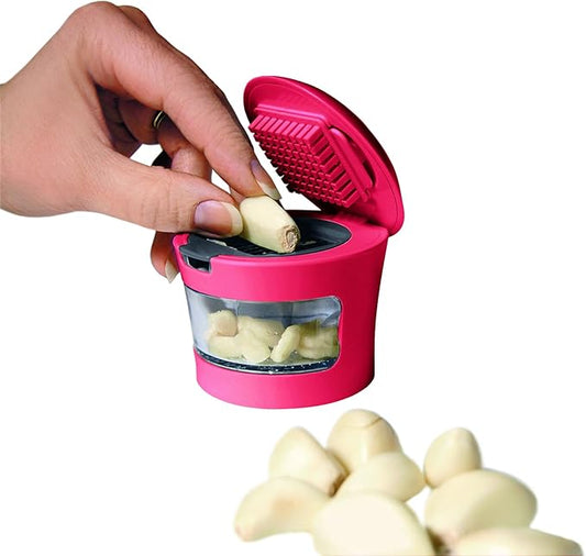 Garlic Perfection Press, Crusher, Mincer, and Storage Container - Easy to Clean - Stainless Steel Blades - Red