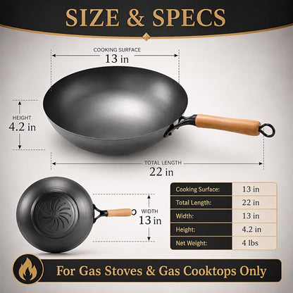 Calmabode 13” Large Round Bottom Carbon Steel Wok with Glass Lid | Large traditional Chinese round-bottom wok for gas stoves, nitrided carbon steel, glass lid, ideal for family stir-fry