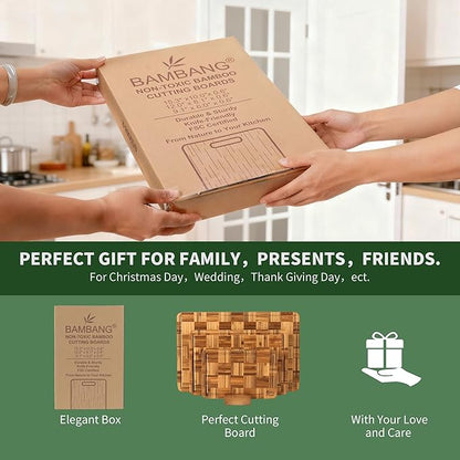 BAMBANG Bamboo Cutting Board for Kitchen with Juice Groove, End-Grain Butcher Block Chopping Boards, Checkered Wooden Cutting Boards Set of 3 with Stand, Knife-Friendly, Serving Tray