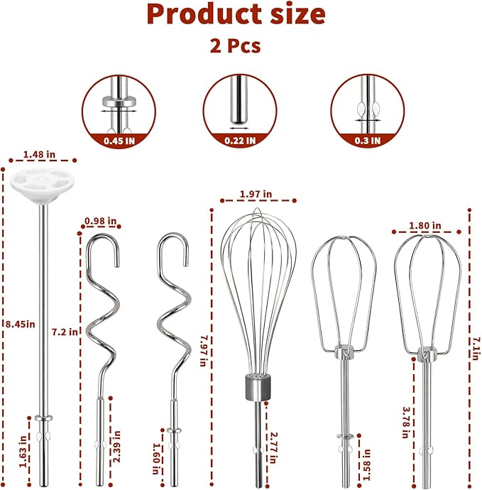 Hand Mixer Beaters Attachments for KitchenAid KHM512 KHM6118 KHM7210 KHM926, Including Turbo Beater, Pro Whisk, Dough Hooks, Blending Rod, Set of 6