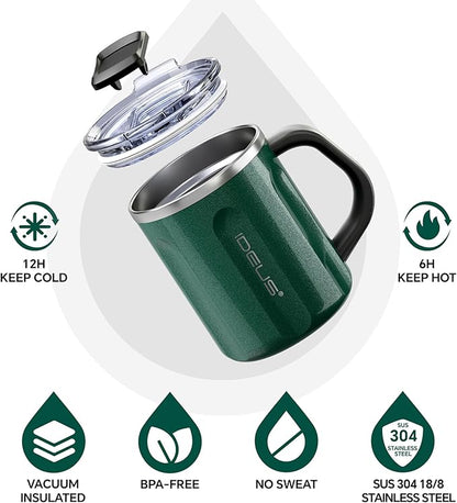 Ideus 16 oz Coffee Cup, Stainless Steel Coffee Travel Mug, Spill Proof Tea Mug with Handle and Lid, Lightweight and Durable, Great for Office Home and Outdoor Use, Deep Green-FUJI FLOW