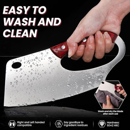 ROCOCO Easy Handle Meat Cleaver - Effort Saving Chef Knife Unique Professional for Kitchen Cutting Meat Vegetable Gift Red Full Tang Stainless Steel 7.48"
