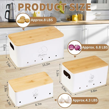 3 Pack Metal Vegetable Storage,Potato Onion Garlic Storage Set,Kitchen Canisters Vegetable Keeper,Stackable Pantry Organizers with Ventilation Holes and Bamboo Lids(WHITE)