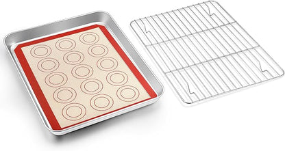 TeamFar Toaster Oven Pan, 12.4’’ x 9.7’’ x 1’’ Stainless Steel Baking Pan Tray Cooling Wire Rack with Silicone Mat Set for Cooking Use, Healthy & Sturdy, Oven & Dishwasher Safe, Set of 3