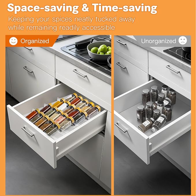 Spice Drawer Organizer, 4 Tier Clear Acrylic Drawer Seasoning Organizer Rack, Kitchen Seasoning Jars Drawers Insert, Expandable 11" to 22" Spice Rack Tray for Cabinet/Countertop (Jars Not Included)