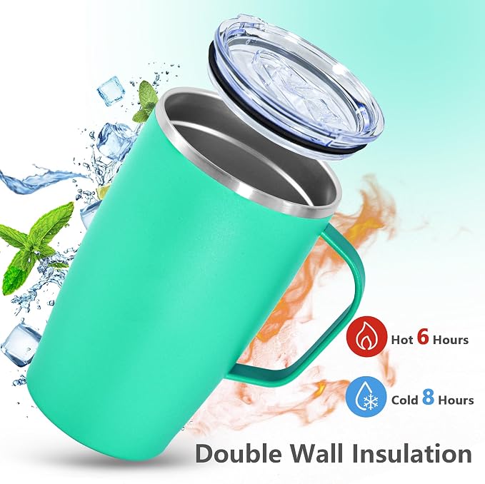 2Pack Stainless Steel Insulated Bottle, 16oz Tumblers with Handle, Double Wall Vacuum Travel Coffee Mug with Handle for Working Travel Driving, Purple&Green