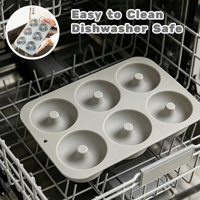 Aichoof Non-Stick Silicone Donut Pan for 6 Doughnuts, BPA-Free, 2-Pack Grey | Food Grade LFGB Silicone Bagels Baking Mold, Dishwasher Safe, Heat Resistant and Microwave Safe