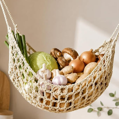 Hanging Fruit Hammock Under Cabinet with 4 Hooks - Macrame Boho Fruit Basket for Kitchen, Produce Net Storage to Save Counter Space, Ideal for Banana, Vegetable, Home, RV, Camper (Beige)