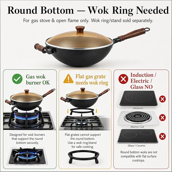 WANGYUANJI 12.6 Inch Round Bottom Cast Iron Wok with Glass Lid, Chinese Stir Fry Pan for Gas Stove & Open Flame, Uncoated Clay-Mold Texture, Wok Ring Required, Seasoning Needed