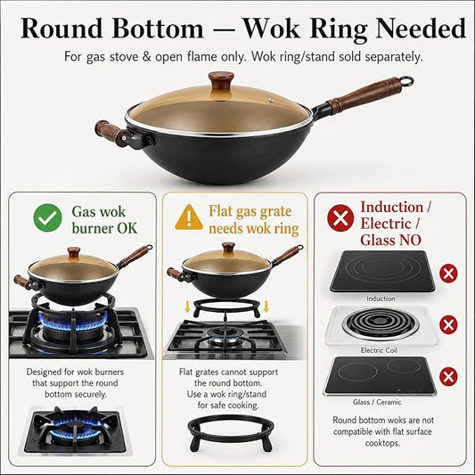 WANGYUANJI 12.6 Inch Round Bottom Cast Iron Wok with Glass Lid, Chinese Stir Fry Pan for Gas Stove & Open Flame, Uncoated Clay-Mold Texture, Wok Ring Required, Seasoning Needed