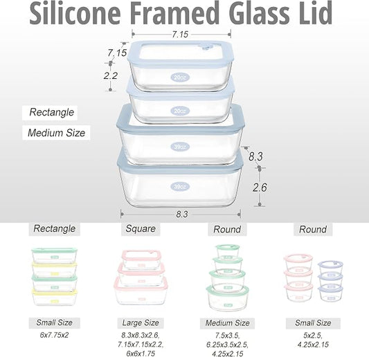 Urban Green Glass Food Container Set with Silicone Glass Lid, Square Shape, 4 Pack, Airtight, LeakProof, 100% Plastic Free, Meal Prep Food Storage Containers, Blue Color