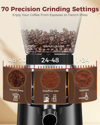 Tuni G2 Conical Burr Coffee Grinder with 70 Precise Grind Settings, Anti-Static Design, Adjustable Electronic Timer & LED Touchscreen, For Espresso Drip Cold Brew French Press, Stainless Steel, Black