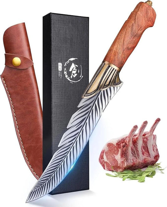 Dream Reach Feather Knife, 6.5" Hand - Forged High Carbon Steel Viking Boning Knife with Sheath, Ideal for Kitchen and Outdoor Activities, Gifts for Men Women