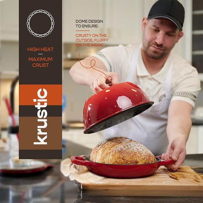 Krustic Enameled Cast Iron Dutch Oven for Sourdough Bread Baking | 6 Quart Round Pot with Lid | 10 Inch Ceramic Enamel Thick Coated Cookware Set with Non Stick Silicone Baking Mat for Cooking | 6 Qt | Red