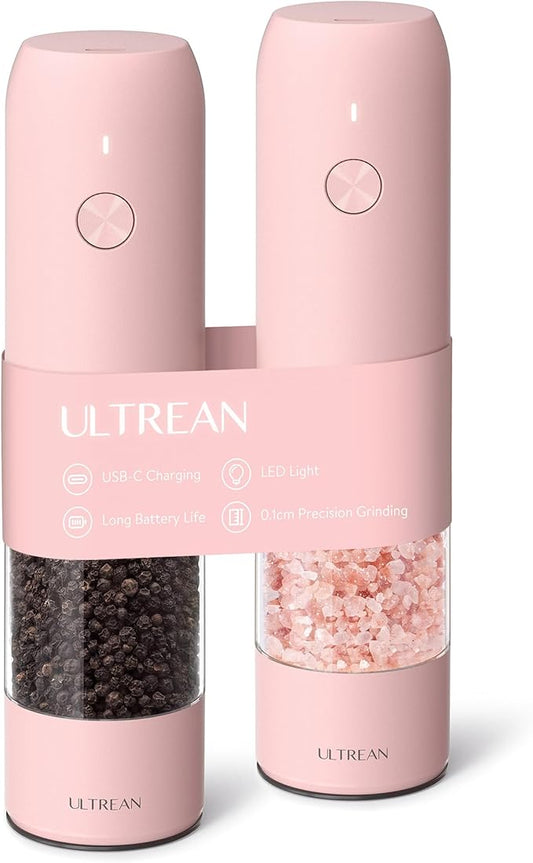 Ultrean Pepper Grinder, Rechargeable Salt and Pepper Grinder with 6 Adjustable Coarseness, LED Light, Automatic Grinder for Kitchen, Cooking Gifts for Women Valentines Day Gifts for Her, Pink