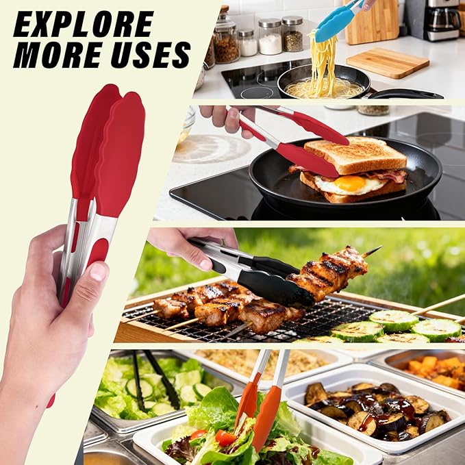 Silicone Salad Tongs, 9 Inch, Orange | 304 Stainless Steel Core, Non-Slip Grip, For Grilling Salad