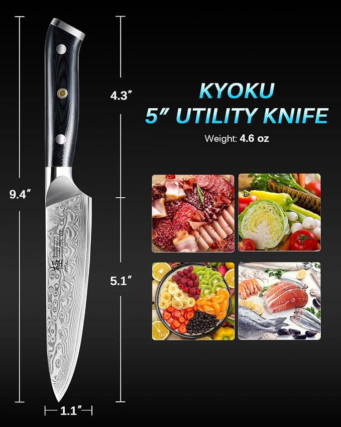 KYOKU Gin Series 5" Utility Kitchen Knife, Japanese Style VG10 Damascus Stainless Steel Knife with Silver Ion Blade G10 Handle Mosaic Pin, All Purpose Professional for Meat Veg and Fruit