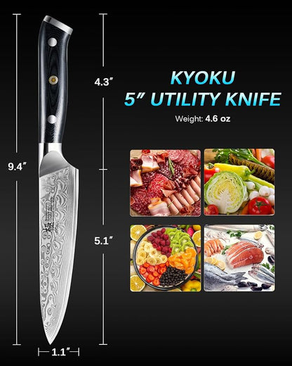 KYOKU Gin Series 5" Utility Kitchen Knife, Japanese Style VG10 Damascus Stainless Steel Knife with Silver Ion Blade G10 Handle Mosaic Pin, All Purpose Professional for Meat Veg and Fruit