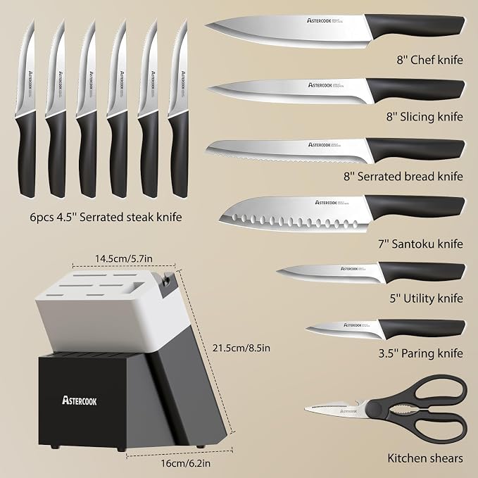 Astercook Knife Set, Kitchen Knives with Block and Sharpener 15 Pcs German Stainless Steel Knives Sharp Blade Dishwasher Safe Deba Knives with Ergonomic Handle, Elegant Black