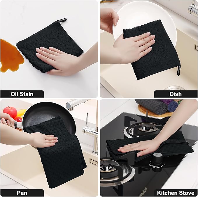 Homaxy 100% Cotton Kitchen Towels and Dishcloths Set, 12 x 12 & 15 x 25 Inches, Set of 12 Bulk Terry Cloth Dish Towels, Super Soft and Absorbent Hand Towel with Hanging Loop, Black