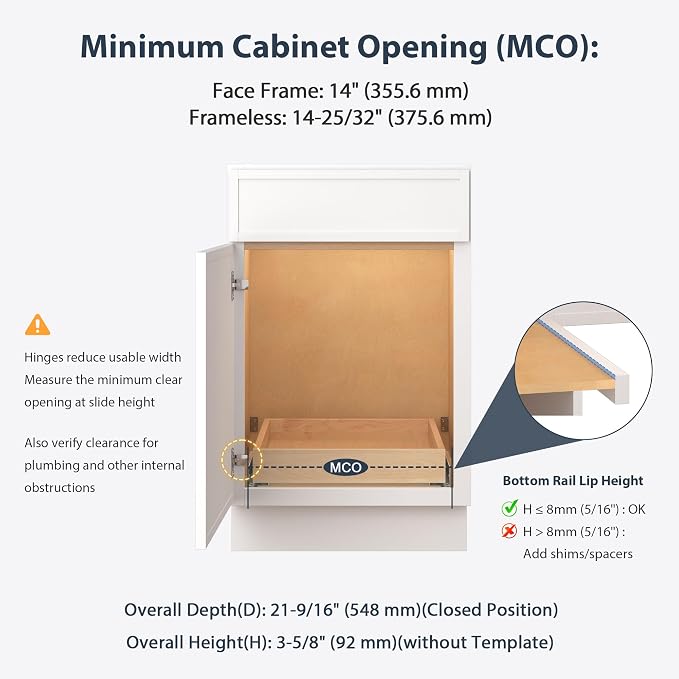 Pull Out Drawers for Kitchen Cabinets 14" W x 21" D Birch Wood | Pull-Out Cabinet Drawer, Slide Out Shelf, Concealed Soft-Close Full-Extension Slides, Bottom & Side Mount, 80 lb Heavy-Duty