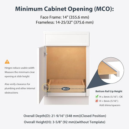 Pull Out Drawers for Kitchen Cabinets 14" W x 21" D Birch Wood | Pull-Out Cabinet Drawer, Slide Out Shelf, Concealed Soft-Close Full-Extension Slides, Bottom & Side Mount, 80 lb Heavy-Duty