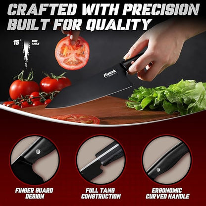 Huusk Japanese Chef Knife for Kitchen - 7" Kirisuke Knife with Black Titanium Coating, Stainless Kitchen Cooking Knifes for Vegetable & Meat Cutting, Ultra Sharp Sushi Knives, Men's Gifts