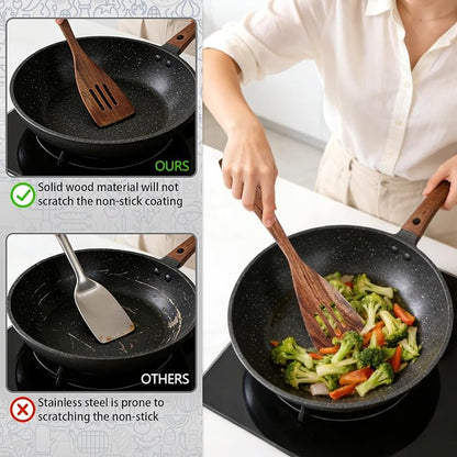 HOWHONG Wooden Cooking Utensils Set, Acacia Wood Wooden Spoons for Cooking with Thumb Rest, Ergonomic Curved Handle, Smooth Finish, Nonstick Safe, Gift Ready