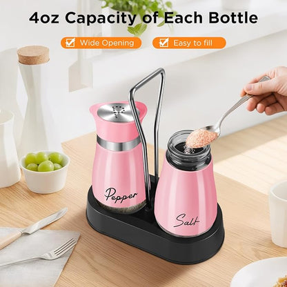 Salt and Pepper Shakers, Farmhouse Salt and Pepper Shakers Set with Holder, electroplated Handle, 4 oz Stainless Steel Glass Bottle Dispenser, for Table, RV, Camp, BBQ (Pink)