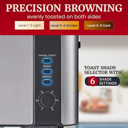 Elite Gourmet ECT3200 2-Slice, 1 Long Slot, Slim Toaster, Reheat, 6 Toast Settings, Defrost, Cancel Functions, Built-in Warming Rack, Extra Wide Slots for Bagels Waffles, Stainless Steel & Black