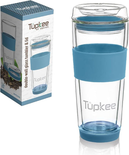 Double Wall All Glass Tumbler - 14-Ounce, Reusable Insulated Tea/Coffee Mug & Lid, Hand Blown Glass Travel Mug - Niagara - 2 Pack