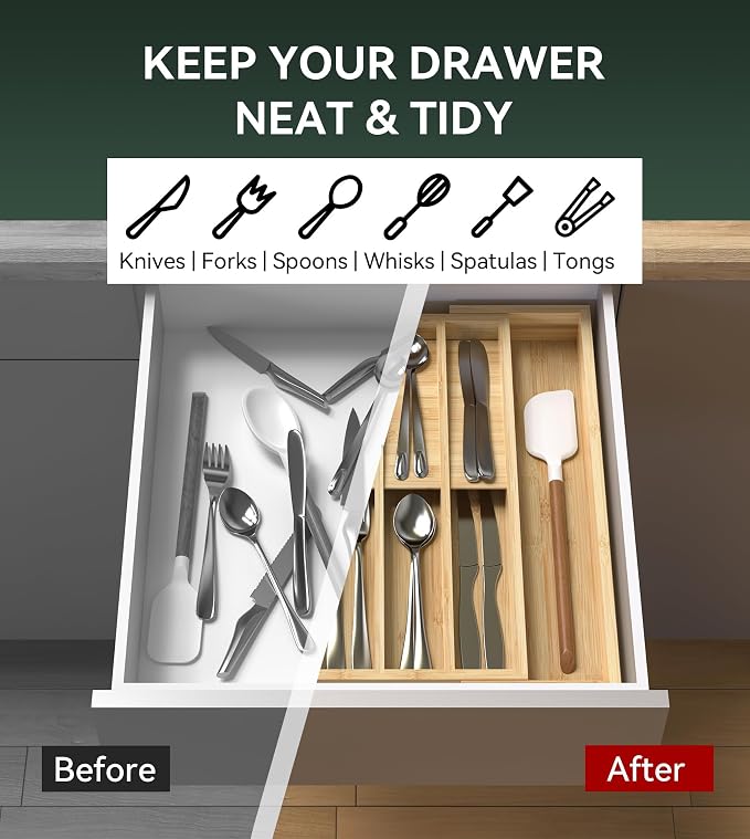 Expandable Silverware Drawer Organizer for Utensil,Bamboo 10 Slot | 10.6”-16" Wx16.7”Dx1.97”H, Vertical Storage, Kitchen Cutlery Tray Dividers for Spoons Forks Knives