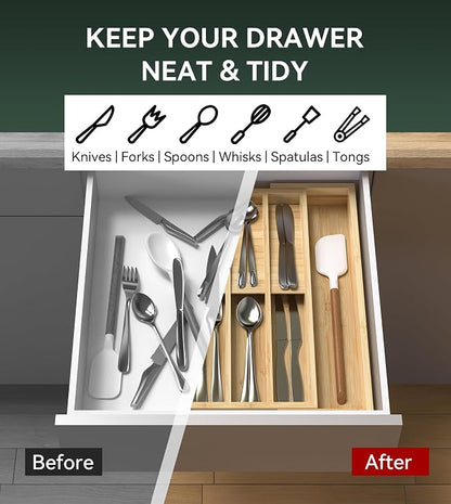 Expandable Silverware Drawer Organizer for Utensil,Bamboo 10 Slot | 10.6”-16" Wx16.7”Dx1.97”H, Vertical Storage, Kitchen Cutlery Tray Dividers for Spoons Forks Knives
