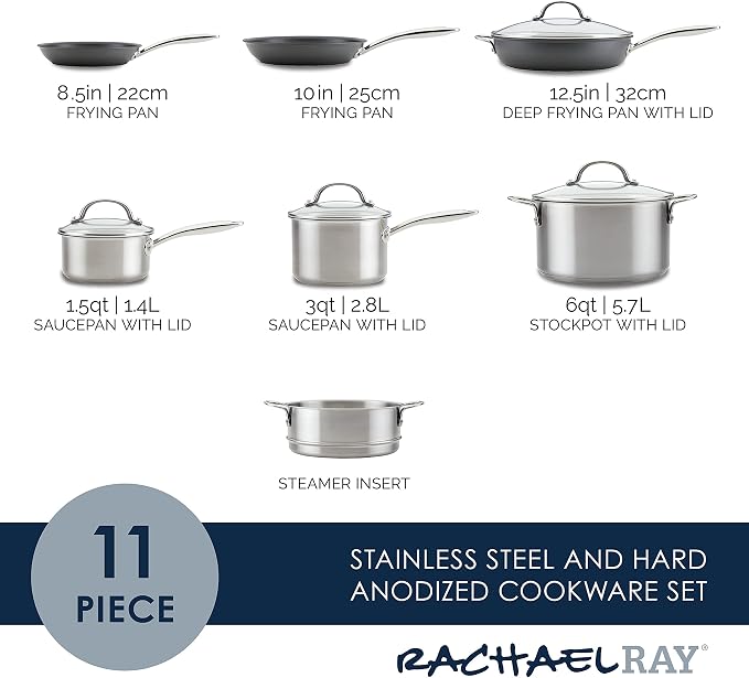 Rachael Ray 70033 Professional Stainless Steel/Hard Anodized Nonstick Cookware Pots and Pans Set, 11 Piece - Gray and Silver