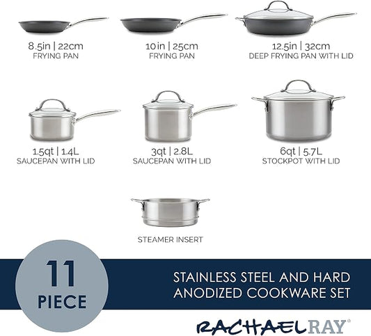 Rachael Ray 70033 Professional Stainless Steel/Hard Anodized Nonstick Cookware Pots and Pans Set, 11 Piece - Gray and Silver