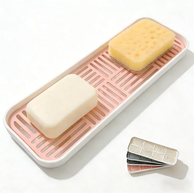 2-in-1 Kitchen Sink Caddy Organizer with Plastic Drain Grate, Double-Layer Drain Sponge Soap Holder & Food Fruit Vegetable Drain Tray for Sink Countertop Home Kitchen Restaurant Hotel, Pink (1 Pack)