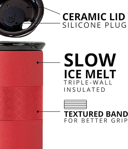 Elemental Artisan Insulated Tumbler, Triple Wall Coffee Travel Mug, Reusable Stainless Steel Coffee Tumbler with Ceramic Lid, Thermal Coffee Cups for Hot (6 Hrs) & Cold (18 Hrs), 16oz - Red